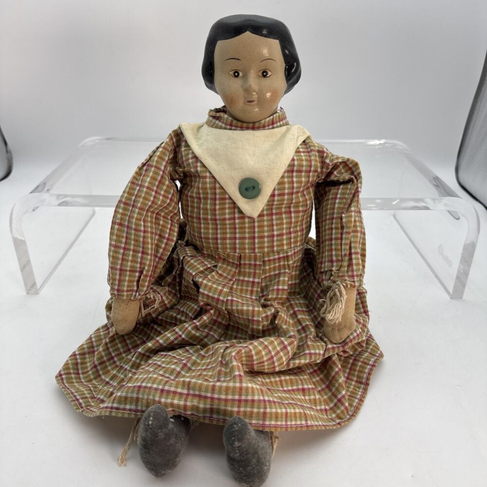 Greiner Reproduction Rag Doll With Papier-Mâché Head -Dress Marked K&K Interiors
